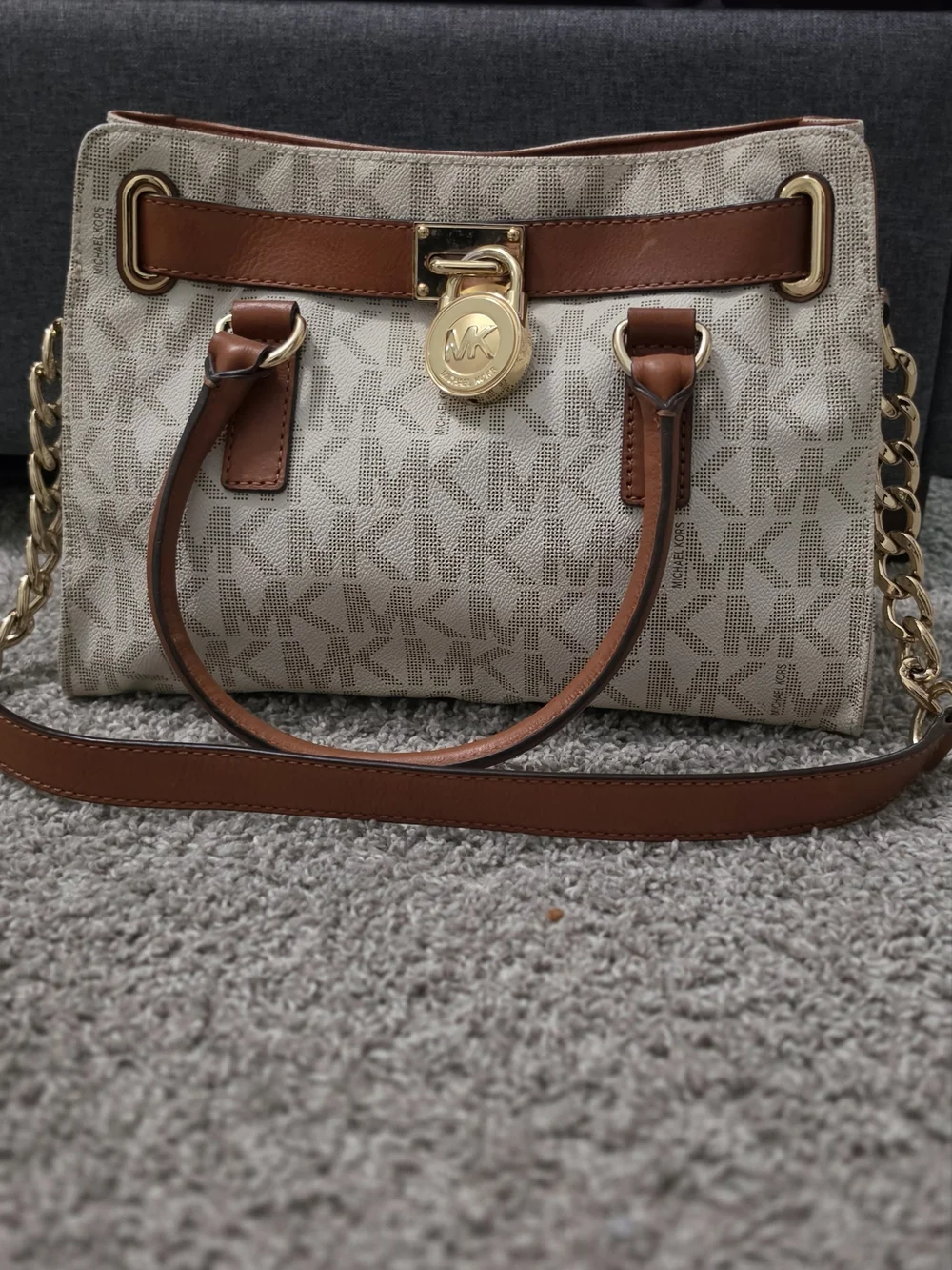 Michael Kors Beige Logo Satchel with Brown Trim and Gold Hardware